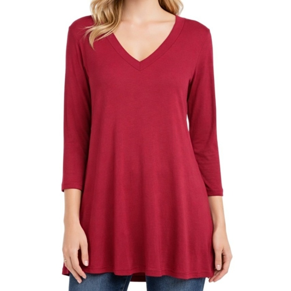 Entro Womens Burgundy Red V-Neck Long Sleeve Relaxed Tunic Top Style‎ 2210 Small